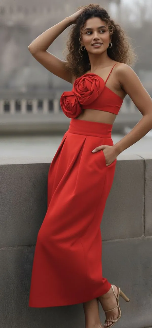 Ekeshwara_red_rose_style_bralette_top_and_balloon_style_skirt_for_elegant_women|_Model_Height_5.8inch_,_Fabric_All_Way_Stretchable