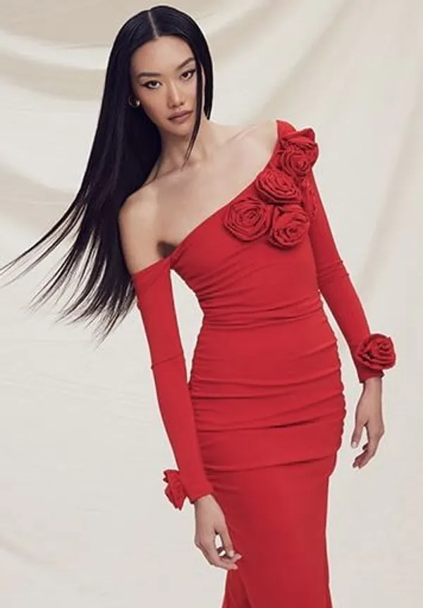 Ekeshwara_red_rose_style_off_shoulder_party_wear_dress_for_women|_Model_Height_5.8inch_,_Fabric_All_Way_Stretchable