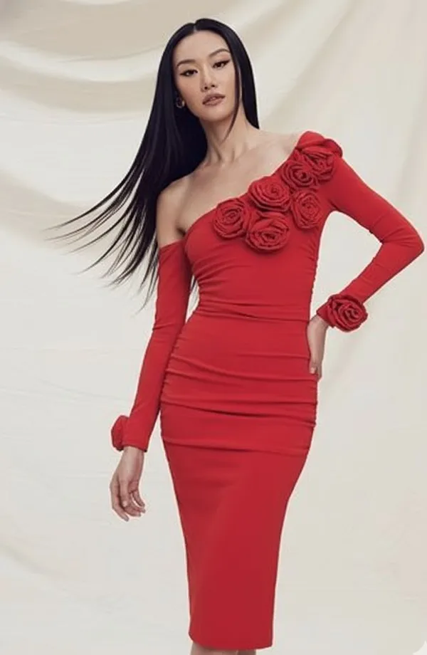 Ekeshwara_red_rose_style_off_shoulder_party_wear_dress_for_women|_Model_Height_5.8inch_,_Fabric_All_Way_Stretchable