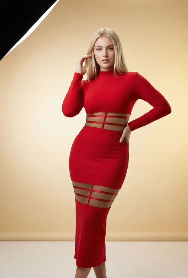 Ekeshwara_red_stripe_High_neck_bodycon_dress_for_elegant_women|_Model_Height_5.8inch_,_Fabric_All_Way_Stretchable