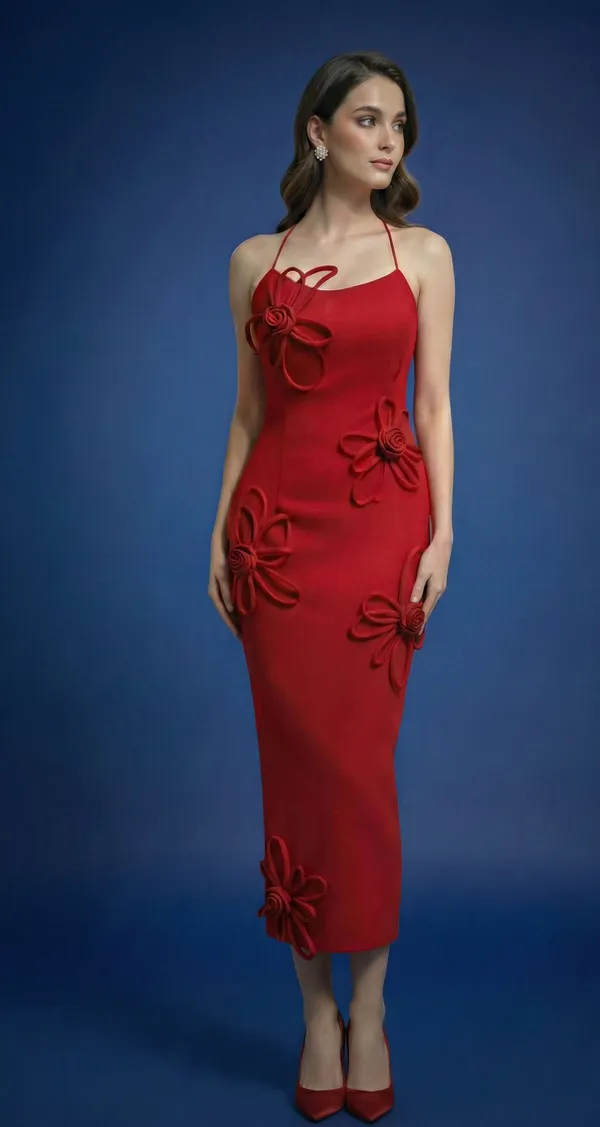 Ekeshwara_red_stripe_flower_style_spaghetti_strap_neckline_design_dress_for_elegant_women|_Model_Height_5.8inch_,_Fabric_All_Way_Stretchable