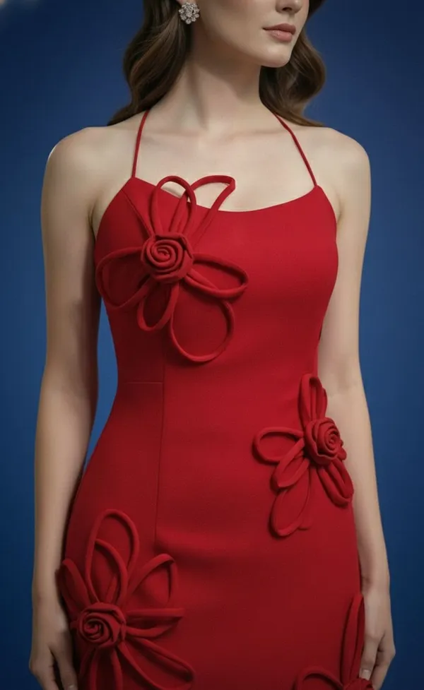 Ekeshwara_red_stripe_flower_style_spaghetti_strap_neckline_design_dress_for_elegant_women|_Model_Height_5.8inch_,_Fabric_All_Way_Stretchable