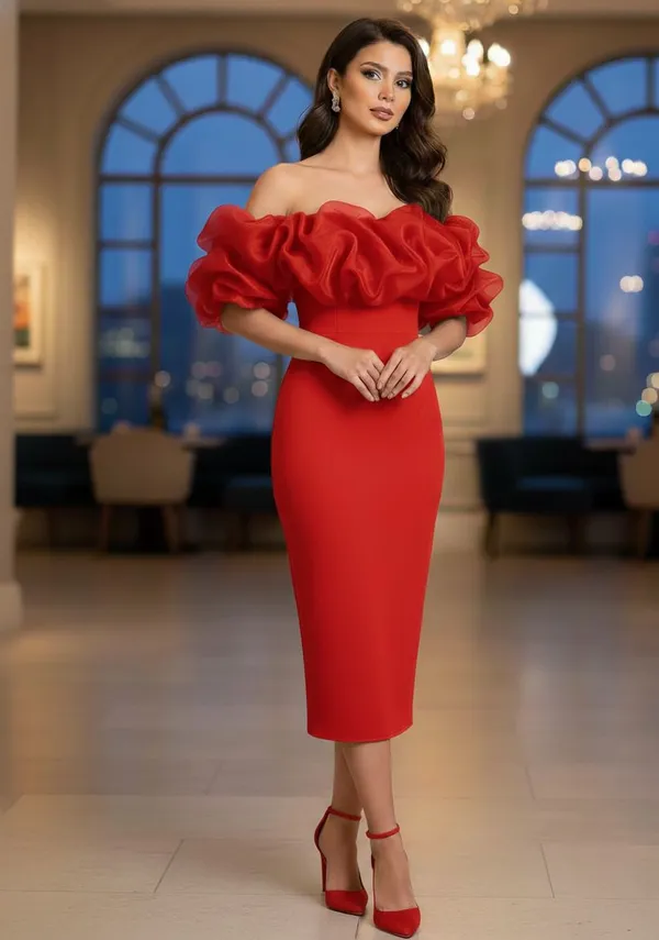 Ekeshwara_red_tone_to_tone_match_frill_style_bodycon_design_dress_for_women|_Model_Height_5.8inch_,_Fabric_All_Way_Stretchable