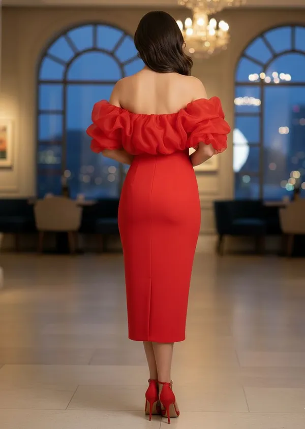 Ekeshwara_red_tone_to_tone_match_frill_style_bodycon_design_dress_for_women|_Model_Height_5.8inch_,_Fabric_All_Way_Stretchable