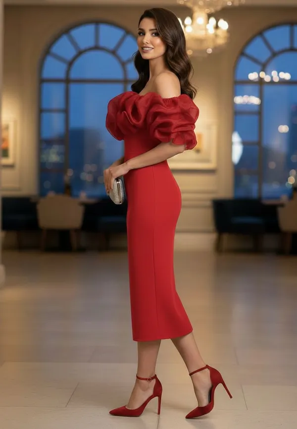 Ekeshwara_red_tone_to_tone_match_frill_style_bodycon_design_dress_for_women|_Model_Height_5.8inch_,_Fabric_All_Way_Stretchable