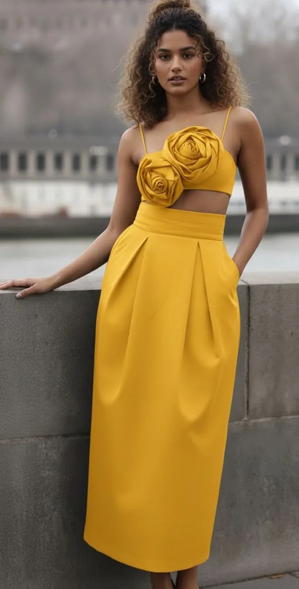 Mustard_Yellow_Two_Rose_Flower_Style_Spaghetti_Strap_Neckline_Top_And_Bottom_For_Women