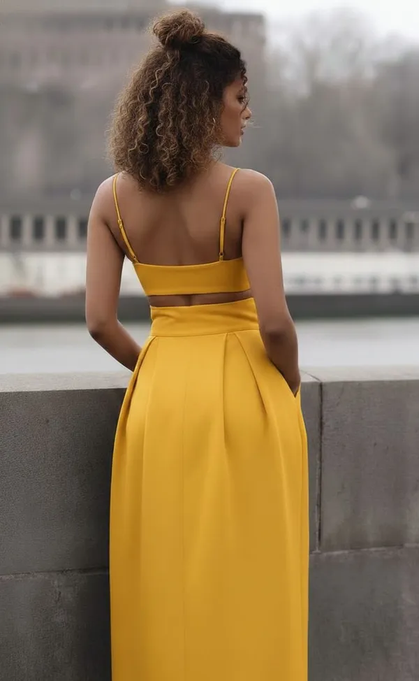Mustard_Yellow_Two_Rose_Flower_Style_Spaghetti_Strap_Neckline_Top_And_Bottom_For_Women