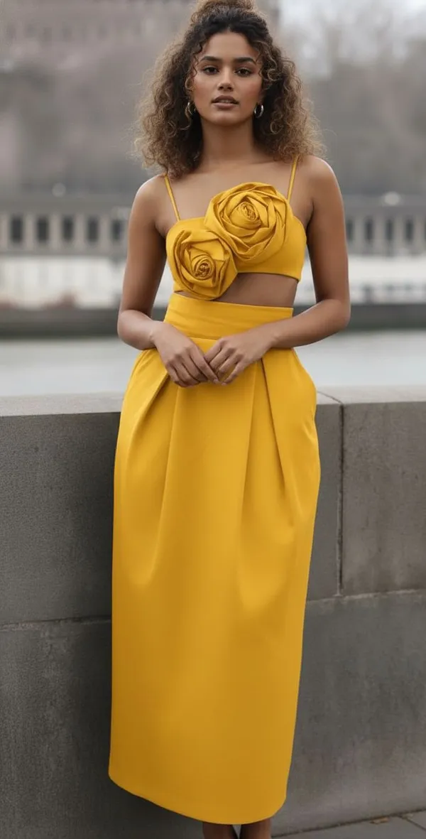 Mustard_Yellow_Two_Rose_Flower_Style_Spaghetti_Strap_Neckline_Top_And_Bottom_For_Women