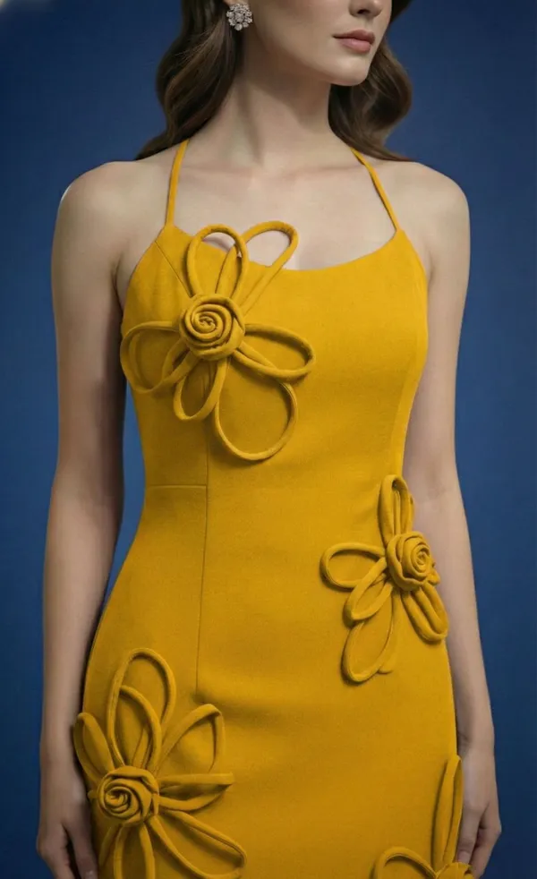 Ekeshwara_yellow_colour_strip_flower_style_spaghetti_strap_neckline_design_dress_for_elegant_women|_Model_Height_5.8inch_,_Fabric_All_Way_Stretchable