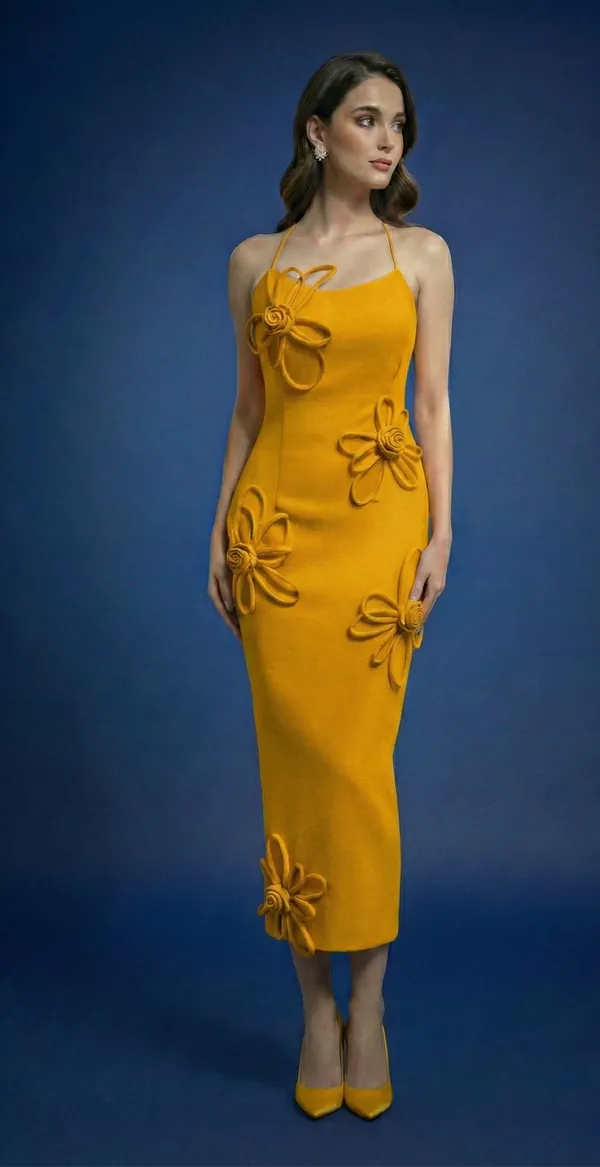 Ekeshwara_yellow_colour_strip_flower_style_spaghetti_strap_neckline_design_dress_for_elegant_women|_Model_Height_5.8inch_,_Fabric_All_Way_Stretchable