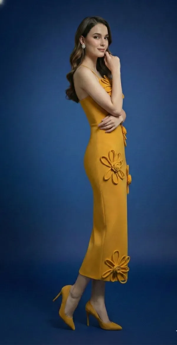 Ekeshwara_yellow_colour_strip_flower_style_spaghetti_strap_neckline_design_dress_for_elegant_women|_Model_Height_5.8inch_,_Fabric_All_Way_Stretchable