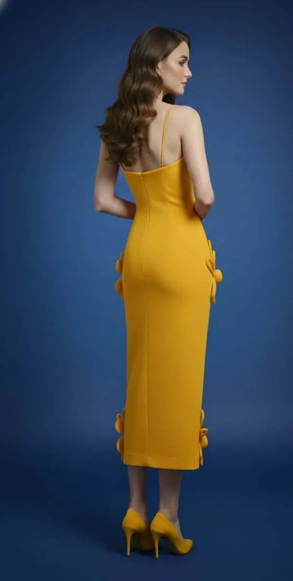 Ekeshwara_yellow_colour_strip_flower_style_spaghetti_strap_neckline_design_dress_for_elegant_women|_Model_Height_5.8inch_,_Fabric_All_Way_Stretchable
