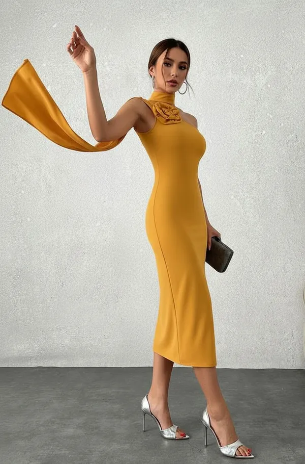 Ekeshwara_yellow_high_neck_design_dress_for_elegant_women|_Model_Height_5.8inch_,_Fabric_All_Way_Stretchable