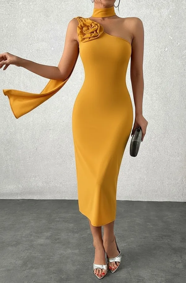 Ekeshwara_yellow_high_neck_design_dress_for_elegant_women|_Model_Height_5.8inch_,_Fabric_All_Way_Stretchable
