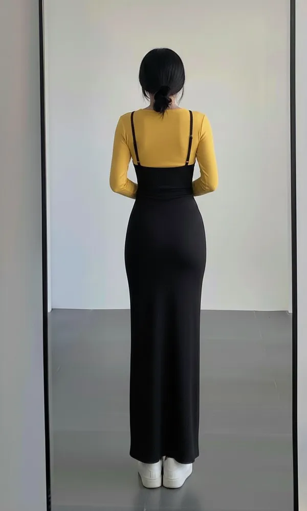 Ekeshwara_yellow_inner_top_and_black_maxi_dress_combo_for_elegant_women|_Model_Height_5.8inch_,_Fabric_All_Way_Stretchable