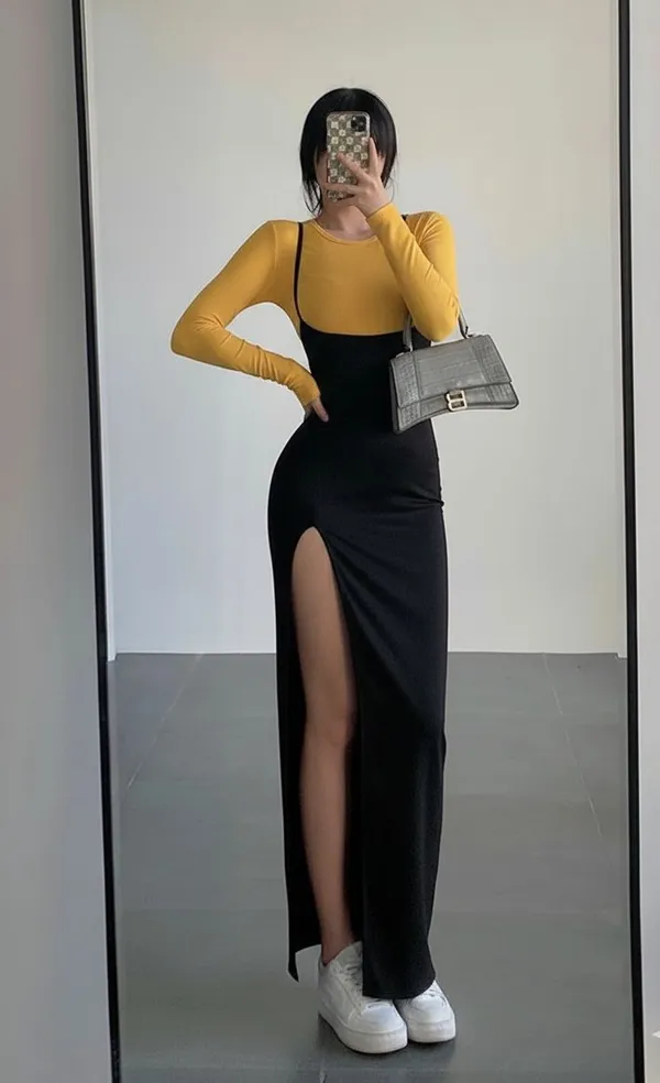 Ekeshwara_yellow_inner_top_and_black_maxi_dress_combo_for_elegant_women|_Model_Height_5.8inch_,_Fabric_All_Way_Stretchable