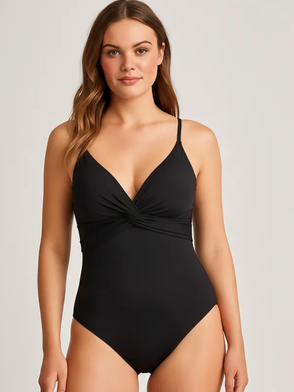 Ekeshwrar_Women's_Black_Twist_Front_Bodysuit_with_Adjustable_Straps|_Model_Height_5.8inch_,_Fabric_All_Way_Stretchable