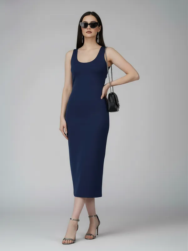 Elegant_Blue_Sleeveless_Midi_Dress_with_Side_Cut-Outs_&_Slit_??Perfect_for_Chic_Evenings|_Model_Height_5.8inch_,_Fabric_All_Way_Stretchable