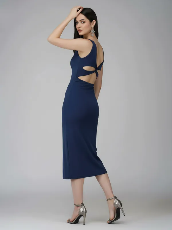 Elegant_Blue_Sleeveless_Midi_Dress_with_Side_Cut-Outs_&_Slit_??Perfect_for_Chic_Evenings|_Model_Height_5.8inch_,_Fabric_All_Way_Stretchable