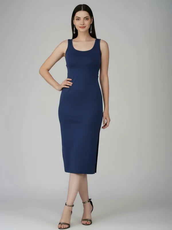 Elegant_Blue_Sleeveless_Midi_Dress_with_Side_Cut-Outs_&_Slit_??Perfect_for_Chic_Evenings|_Model_Height_5.8inch_,_Fabric_All_Way_Stretchable
