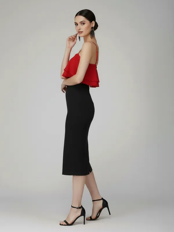 Elegant_Red_&_Black_Ruffle_Bodycon_Midi_Dress__Sleeveless,_Party_Wear|_Model_Height_5.8inch_,_Fabric_All_Way_Stretchable