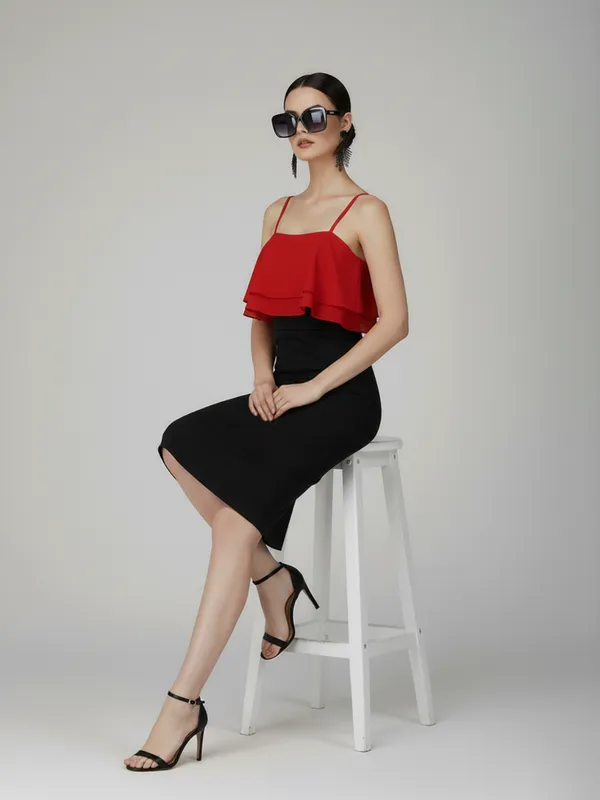 Elegant_Red_&_Black_Ruffle_Bodycon_Midi_Dress__Sleeveless,_Party_Wear|_Model_Height_5.8inch_,_Fabric_All_Way_Stretchable