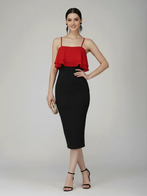 Elegant_Red_&_Black_Ruffle_Bodycon_Midi_Dress__Sleeveless,_Party_Wear|_Model_Height_5.8inch_,_Fabric_All_Way_Stretchable