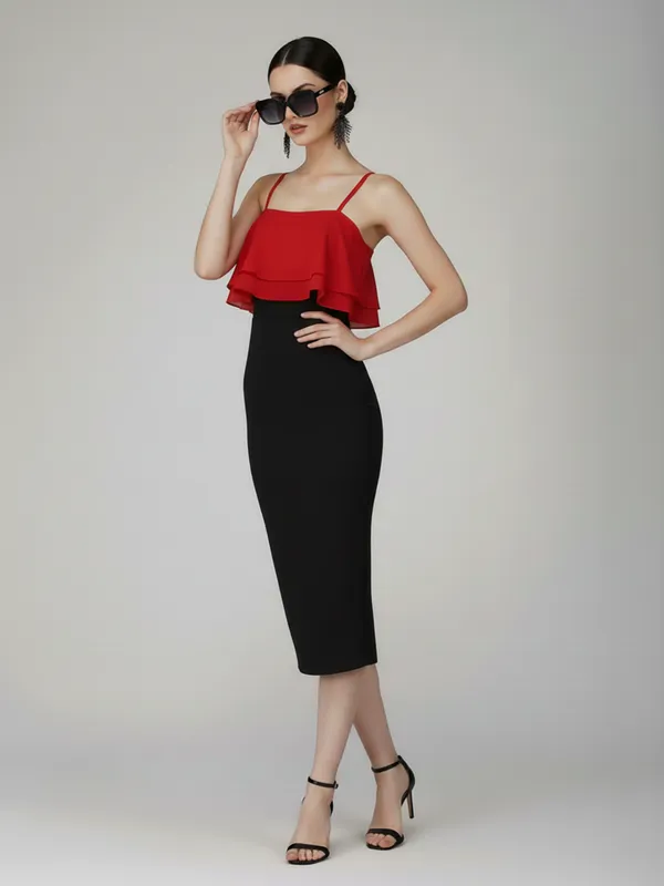 Elegant_Red_&_Black_Ruffle_Bodycon_Midi_Dress__Sleeveless,_Party_Wear|_Model_Height_5.8inch_,_Fabric_All_Way_Stretchable