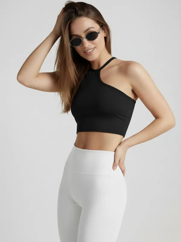 Black_One_Shoulder_Asymmetric_Crop_Top_For_Women|_Model_Height_5.8inch_,_Fabric_All_Way_Stretchable