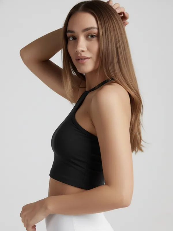 Black_One_Shoulder_Asymmetric_Crop_Top_For_Women|_Model_Height_5.8inch_,_Fabric_All_Way_Stretchable