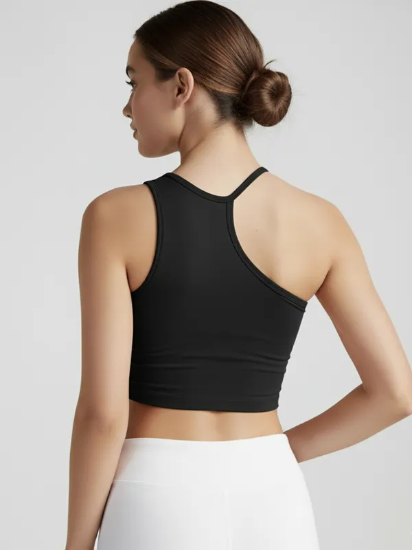 Black_One_Shoulder_Asymmetric_Crop_Top_For_Women|_Model_Height_5.8inch_,_Fabric_All_Way_Stretchable