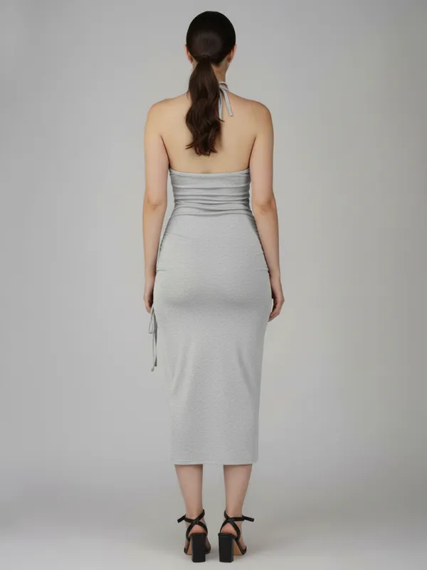 Grey_Halter_Neck_Ruched_Cut-Out_Midi_Dress_With_Side_Slit_For_Women|_Model_Height_5.8inch_,_Fabric_All_Way_Stretchable