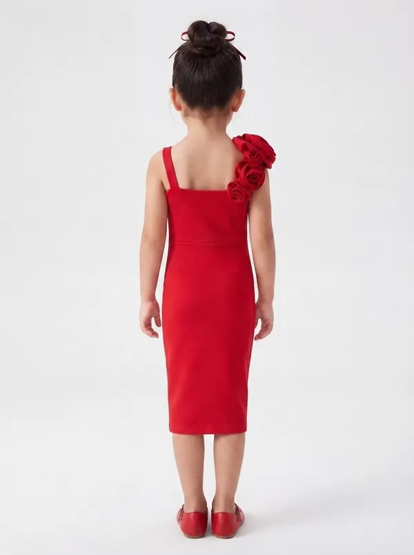Girls_Red_Floral_Appliqué_Bodycon_Midi_Dress|_Model_Height_5.8inch_,_Fabric_All_Way_Stretchable