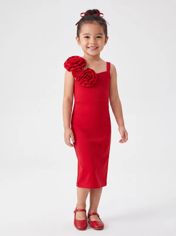 Girls_Red_Floral_Appliqué_Bodycon_Midi_Dress|_Model_Height_5.8inch_,_Fabric_All_Way_Stretchable