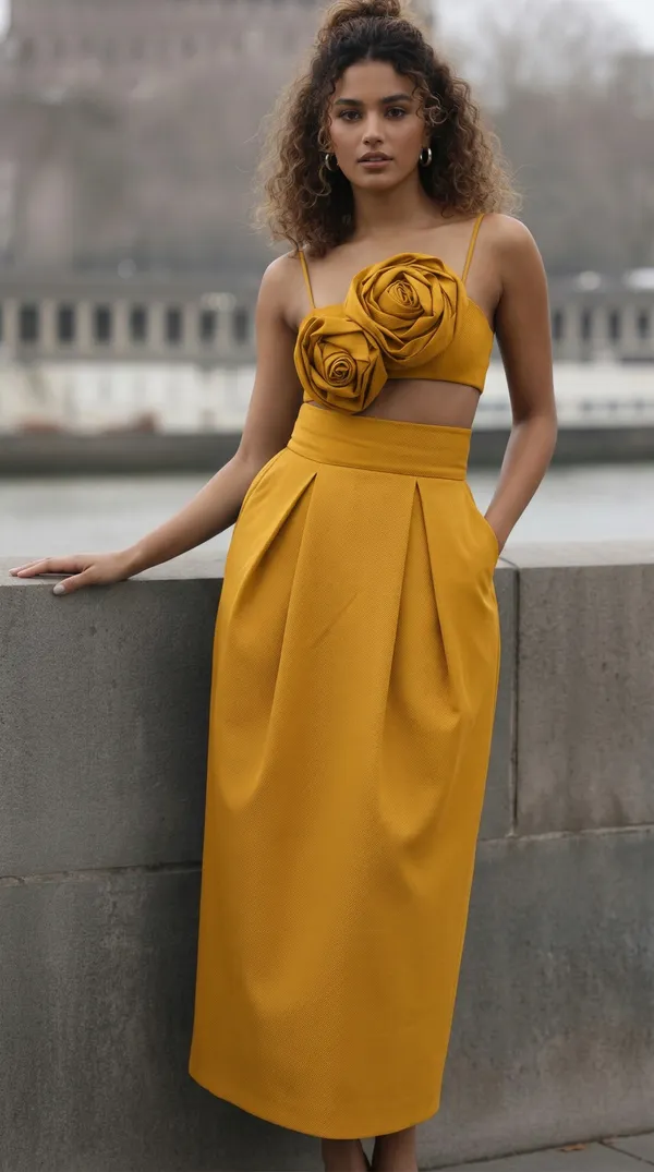 Ekeshwara_two_rose_flower_style_spaghetti_strap_neckline_top_and_balloon_style_skirt_for_elegant_women|_Model_Height_5.8inch_,_Fabric_All_Way_Stretchable