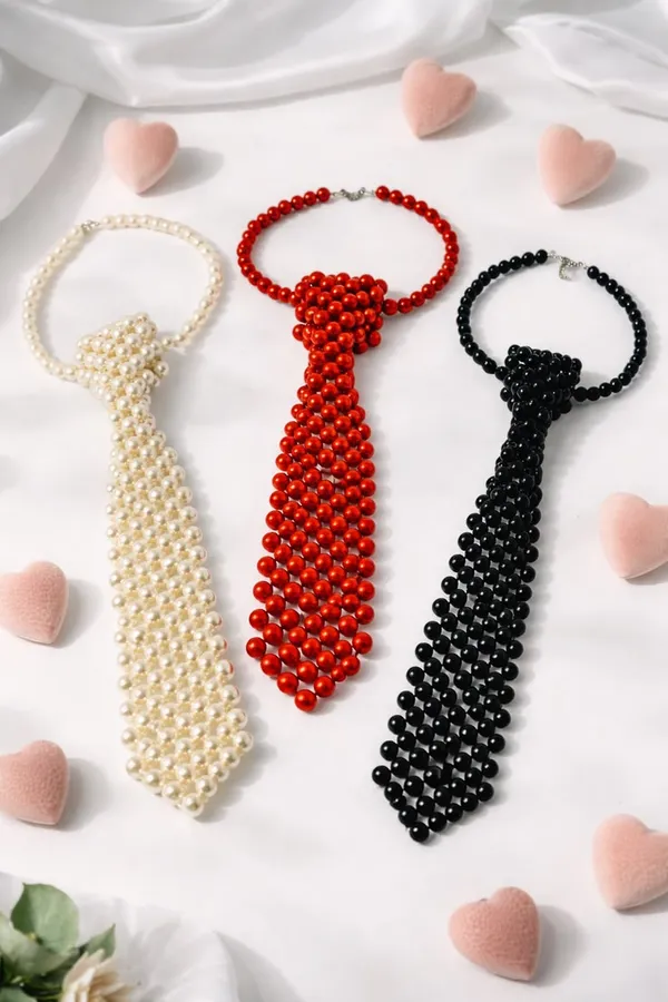 Handcrafted_Beaded_Pearl_Necktie_Necklace_–_Avant-Garde_Statement_Jewelry_in_Ivory,_Crimson_Red|_Model_Height_5.8inch_,_Fabric_All_Way_Stretchable
