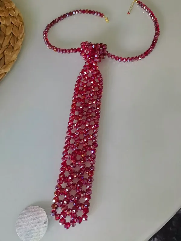 Handcrafted_Faceted_Crystal_Beaded_Necktie_Necklace_–_Sparkling_Ruby_Red_Statement_Jewelry_for_Holidays,_Galas,_and_Night_Out_Style|_Model_Height_5.8inch_,_Fabric_All_Way_Stretchable