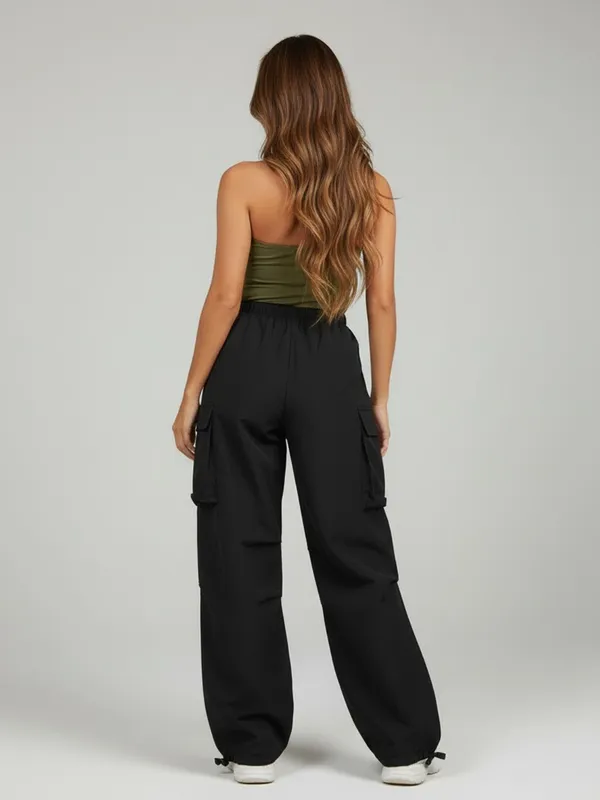 Olive_Asymmetric_Halter_Top_&_Cargo_Pants_Set_Urban_Utility_Style_For_Women|_Model_Height_5.8inch_,_Fabric_All_Way_Stretchable