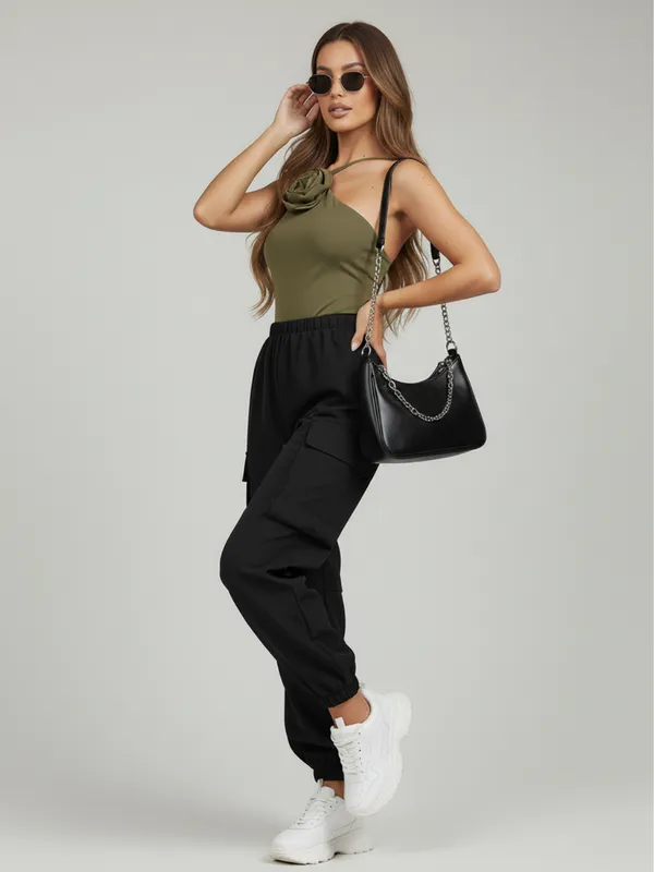 Olive_Asymmetric_Halter_Top_&_Cargo_Pants_Set_Urban_Utility_Style_For_Women|_Model_Height_5.8inch_,_Fabric_All_Way_Stretchable