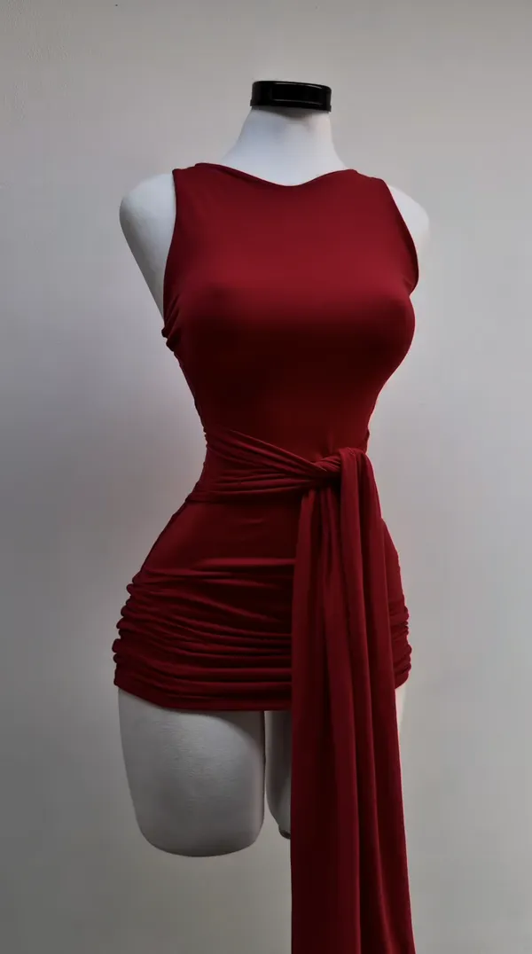 Ekeshwara_Red_Bodycon_Midi_Dress_with_Dramatic_Floral_Applique|_Model_Height_5.8inch_,_Fabric_All_Way_Stretchable