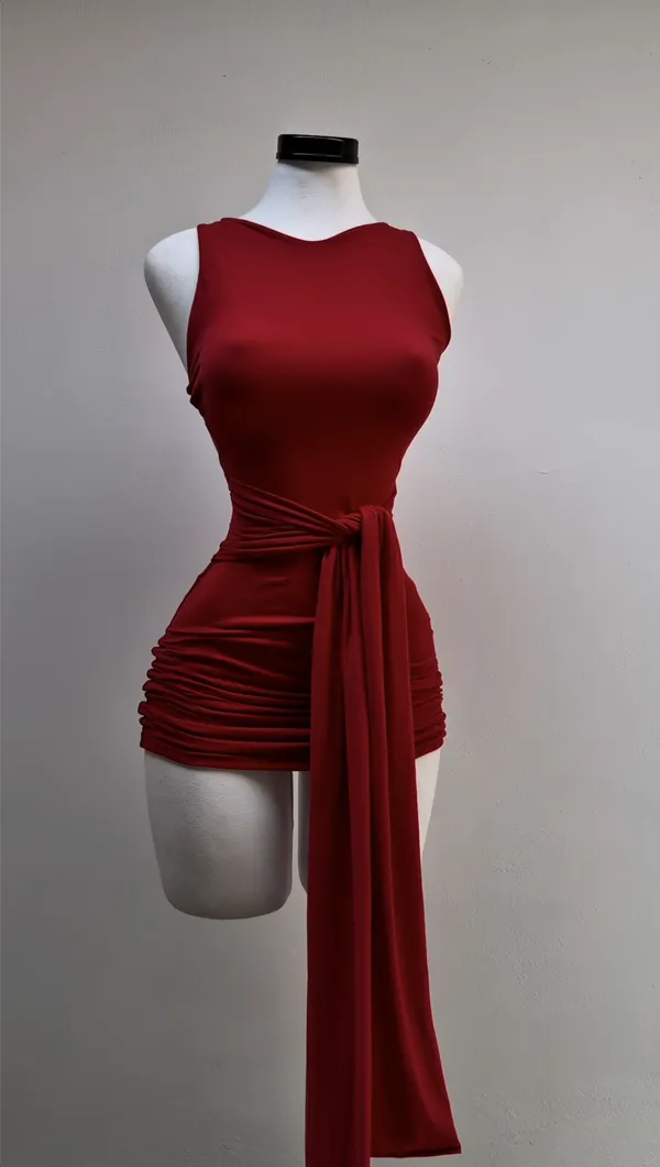 Ekeshwara_Red_Bodycon_Midi_Dress_with_Dramatic_Floral_Applique|_Model_Height_5.8inch_,_Fabric_All_Way_Stretchable