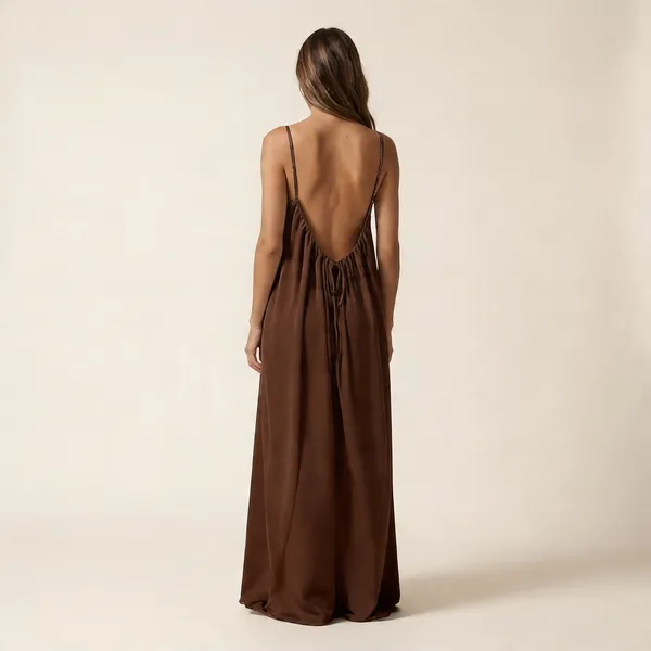 Mocha_Luxe_Backless_Maxi_Dress|_Model_Height_5.8inch_,_Fabric_All_Way_Stretchable