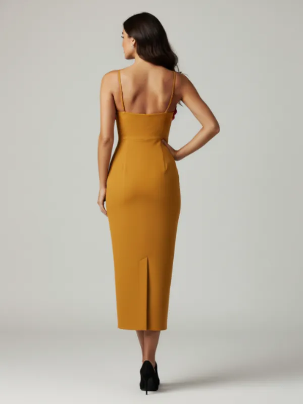 Mustard_Yellow_Bodycon_Midi_Dress_with_Red_3D_Floral_Appliqu?|_Model_Height_5.8inch_,_Fabric_All_Way_Stretchable
