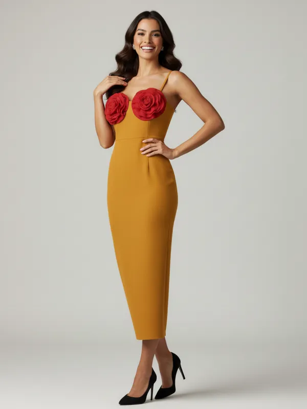 Mustard_Yellow_Bodycon_Midi_Dress_with_Red_3D_Floral_Appliqu?|_Model_Height_5.8inch_,_Fabric_All_Way_Stretchable