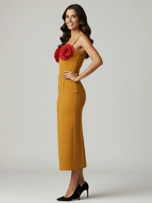 Mustard_Yellow_Bodycon_Midi_Dress_with_Red_3D_Floral_Appliqu?|_Model_Height_5.8inch_,_Fabric_All_Way_Stretchable