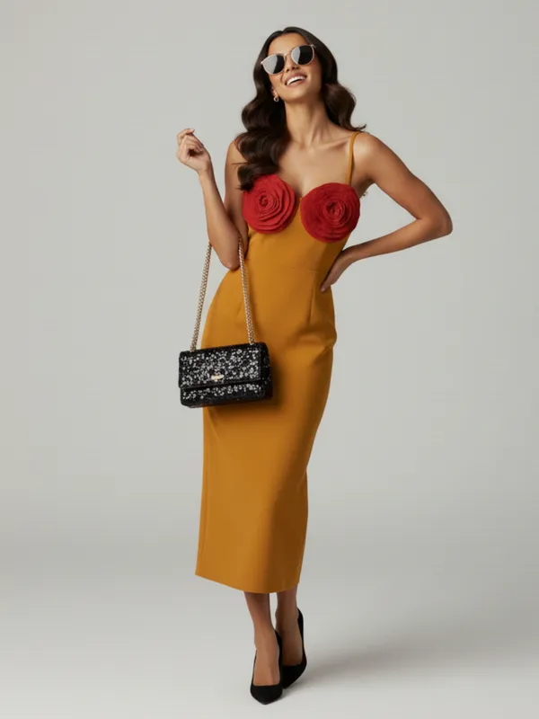 Mustard_Yellow_Bodycon_Midi_Dress_with_Red_3D_Floral_Appliqu?|_Model_Height_5.8inch_,_Fabric_All_Way_Stretchable