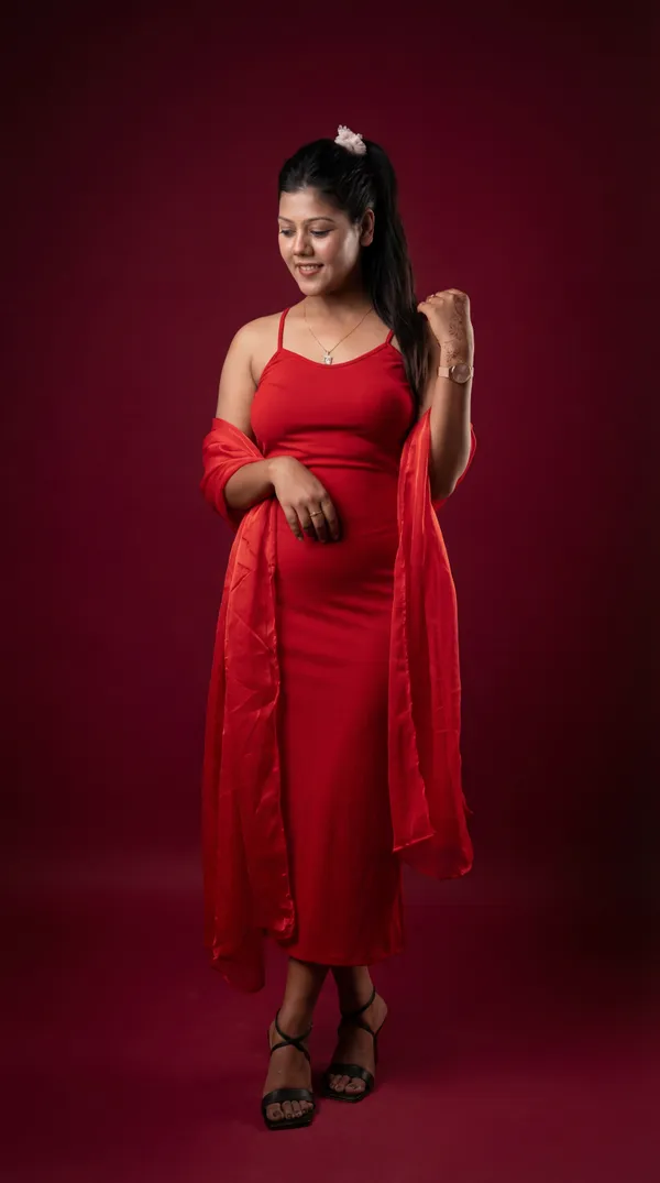 Radiant_Crimson_Red_Slip_Dress_with_Versatile_Styling_Wrap|_Model_Height_5.8inch_,_Fabric_All_Way_Stretchable