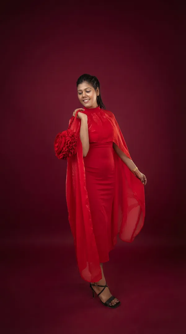 Radiant_Crimson_Red_Slip_Dress_with_Versatile_Styling_Wrap|_Model_Height_5.8inch_,_Fabric_All_Way_Stretchable