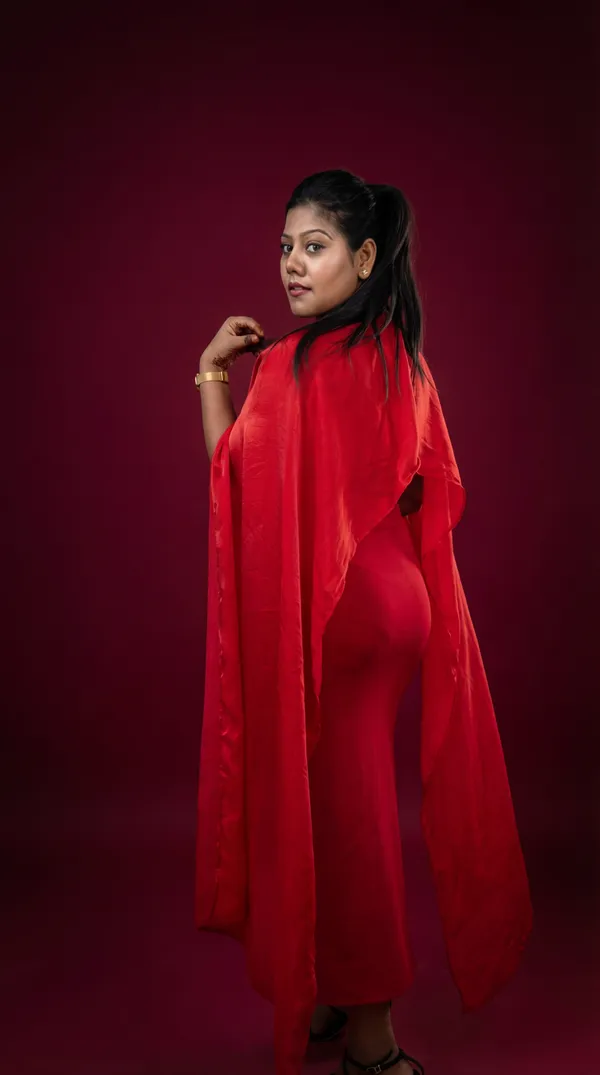 Radiant_Crimson_Red_Slip_Dress_with_Versatile_Styling_Wrap|_Model_Height_5.8inch_,_Fabric_All_Way_Stretchable