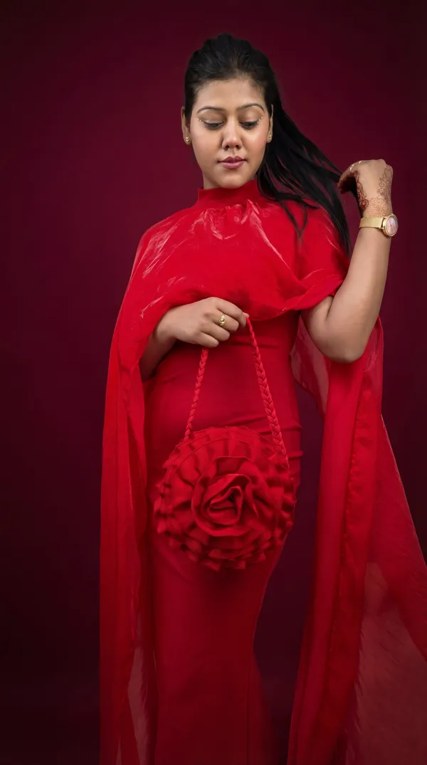 Radiant_Crimson_Red_Slip_Dress_with_Versatile_Styling_Wrap|_Model_Height_5.8inch_,_Fabric_All_Way_Stretchable